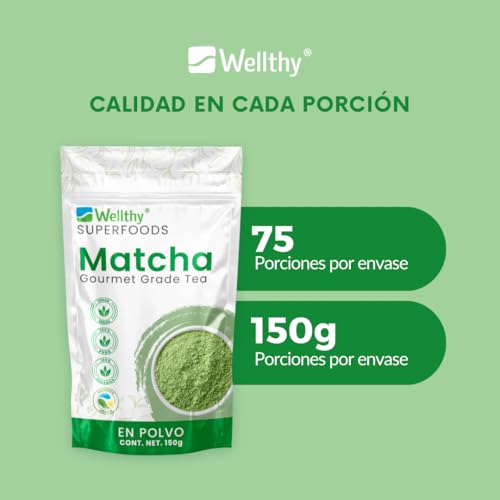 Wellthy Superfoods Té Matcha en Polvo 150g. 75 Porciones Por Envase, Certificado Orgánico, 100& Natural, Excelente para Bebidas Frías o Calientes. Bottle Free.