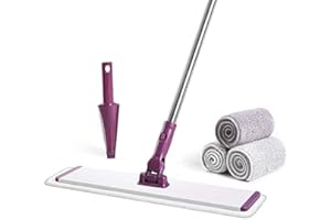 CQT Commercial Flat Microfiber Floor Mop Cleaning System 18" Inch Wet Dry and Dust Hardwood with 4 Washable Pads Cleaner for Laminate Tile Stainless Steel Handle and Extension (18", Purple)