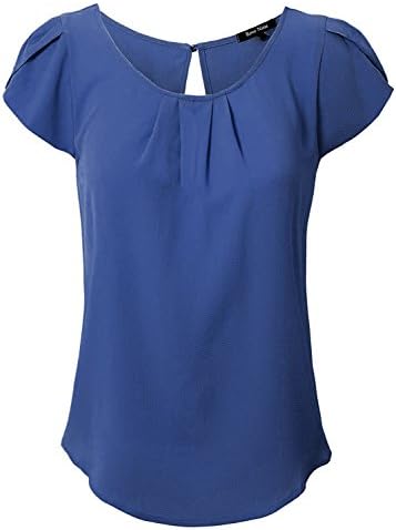 REVENINE Women's Scoop Neck Pleated Front Chiffon Woven Blouse Large InkBlue