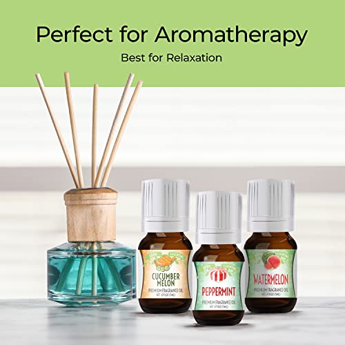 Fruity Fruits Good Essential Fragrance Oil Set (Pack of 10) 5ml Set Includes Strawberry, Apple, Watermelon, Pineapple, Cucumber Melon, Red Cherry, Mango, Peppermint, Lemon, and Orange