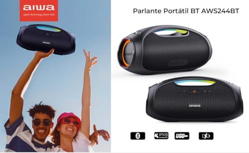 Aiwa Bocina Portátil AWS244BT Boombox con conectividad Bluetooth y diseño Compacto Waterproof en Color Negro, Compatible con 110V y 230V para Uso portátil y Boombox AWS244BT