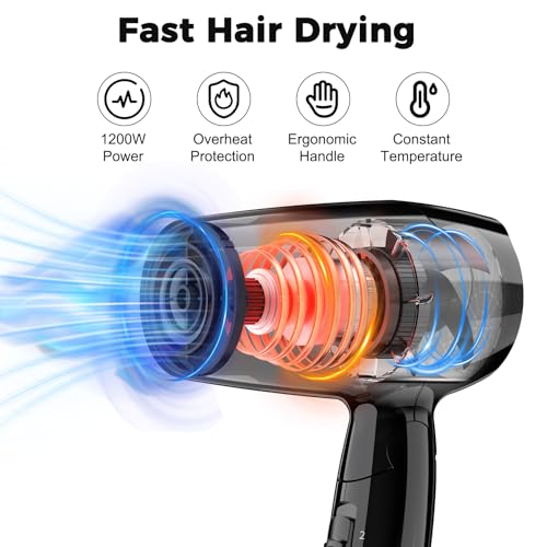 YASHE Mini Folding Hair Dryer, Compact Hair Dryer 1200W with 2 Heat and Speed Settings, Precision Spout, 1.8 m Cable, Lightweight for Travel, Home, Hotel or Dormitory, Black