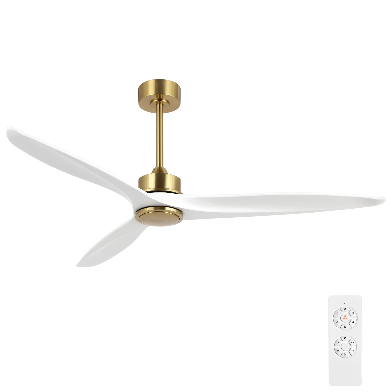 Photo 1 of WINGBO 60 Inch DC Ceiling Fan without Lights, 3 Reversible Carved Solid Wood Blades, 6-Speed Noiseless DC Motor, Ceiling Fan No Light with Remote, Brass Finish with White Blades
