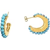 Bohemian Turquoise C-Shaped Hoop Earrings for Women Beaded Stone Western Statement Half Huggie Earrings Vintage Geometric Gold-Tone Plated Stainless Steel Ethnic Gift Hypoallergenic Jewelry