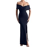LAGSHIAN Women's Elegant Bodycon Off Shoulder Ruched Split Hem Long Formal Basic Evening Dress