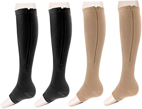 Zipper Compression Socks Toe Open for Varicose Veins and Edema , Unisex Zip Sox (2 pack) (Nude&amp;Black, L/XL)