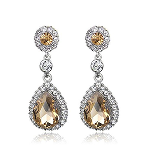Gorgeous Austrian Cut Crystal Rhinestone Pierced Wedding Bridal Teardrop Drop Dangle Earrings (silver-champagne)
