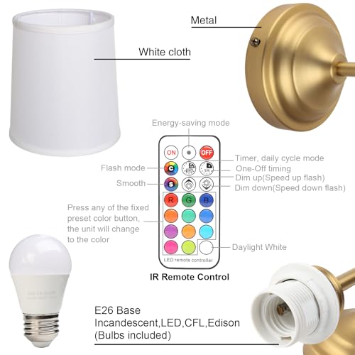 Permo Vintage Industrial Wall Lamp Set of 2 Hardwired Wall Sconce Light Decor with Remote Control and Dimmable Bulbs White Fabric Shade Lighting Fixture for Bedroom Living Room Hallway (Antique)