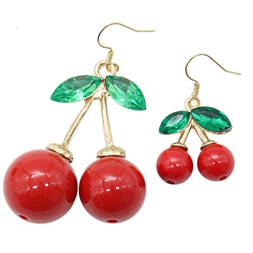 Buorsa 2 Pairs Gold Plated Red cherry Charm& Green Crystal Leaf Women Hook Dangle Drop Earrings(2 Size)