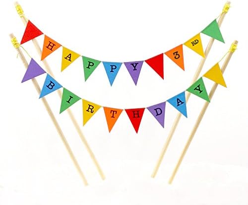 Amazing Buntings, Happy 3rd Birthday Cake Topper, Bunting Rainbow Flags Banner Party Decoration, Adjustable Length, with 4 Food Grade Wooden Poles