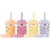 Elk and Friends Kids + Toddler Glass Cups | The Original 8oz Glass Mason Jar with Sleeves + Lids | Silicone Straws + Stopper | Smoothie Cup | Food Storage | Spill Resistant | Dishwasher Safe | 4 Pack