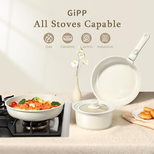 GiPP Ceramic Coating Pots and Pans Set Non Stick, 8pcs Nonstick Detachable Handle Cookware Sets, Non Toxic Induction Kitchen Pot and Pan, Healthy RV Cookware, Dishwasher＆Oven Safe(White)