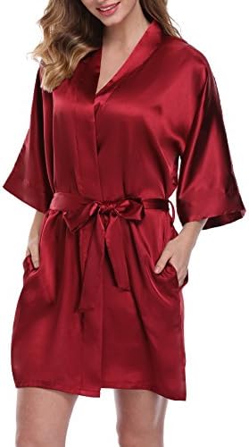 expressbuynowWomen's Short Kimono Robe Pure Color Silky Bathrobe Bridal Party Dressing Gown
