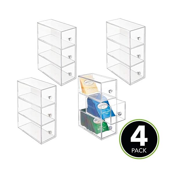 mDesign-Plastic-Kitchen-Pantry-Cabinet-Countertop-Organizer-Storage-Station-with-3-Drawers-for-Coffee-Tea-Sugar-Packets-Sweeteners-Creamers-Drink-Pods-Packets-4-Pack-Clear mDesign Handy Tea Box Storage Unit with Room for Different Types of Teabags – Sturdy Storage Box for Use in The Kitchen…