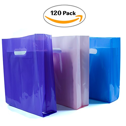 Retail Shopping Bags (120 pack). 9x12хS:3, 2.0 mm Gift Plastic Merchandise Bags with Die Cut Handles and Side Gusset. Lularoe Supplies Durable, Eco-Friendly Bag. Pink,Purple,Blue (40 Pieces Each)