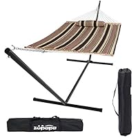 Zupapa 15 Feet Hammock with Stand Heavy Duty 550 Pounds Capacity with Spreader Bars and Pillow, 2 Person Double Hammock for Indoor Outdoor Use, 2 Storage Bags Included (Coffee Stripe)