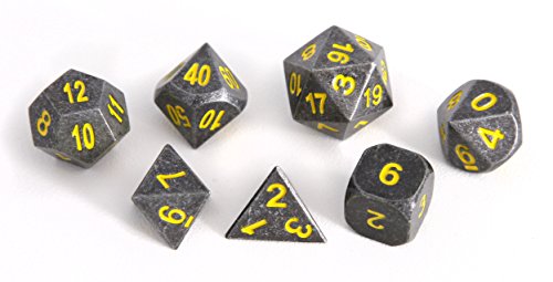 Forged Dice Co. Metal Iron Silver with Yellow Numbers Set of 7 Polyhedral Dice with Dragon Logo Tin Case Compatible with RPG games like Dungeons and Dragons, DnD, and Pathfinder