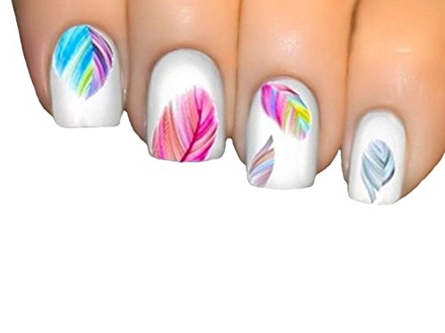 Beaute Galleria - 5 Sheets Nail Art Decals Water Transfer Stickers Manicure Colorful Rainbow Feathers