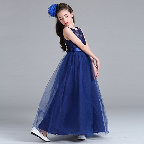 Acecharming Girls Lace Bridesmaid Wedding Dress with Bowknot Princess Prom Party Tulle Gown for 9-10 Year (Navy Blue) - Thumbnail 3