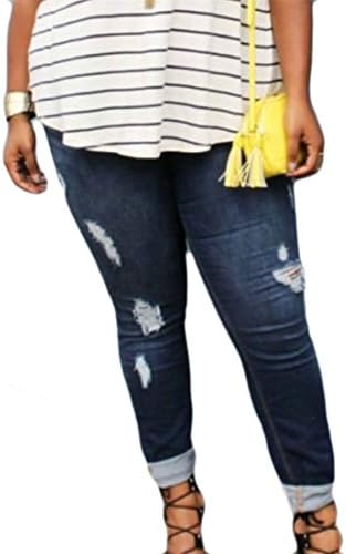 Conffetti Womens Jeans Washed Pencil Trousers Distressed Denim Broken Hole Pants Dark Blue L