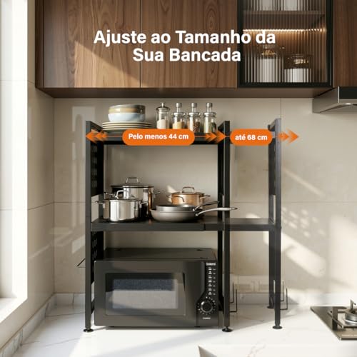 Heemli Suporte Organizador para Microondas e Especiarias, Escalável Prateleira de Cozinha em Aço Carbono Preto, Multifuncional 3 Níveis com Gancho para Utensílios Armazenar(44-68cm)
