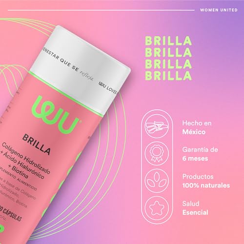 WU Nutrition BRILLA | Colágeno Hidrolizado Puro, Biotina y Ácido Hialurónico | Péptidos de Colágeno | Vitaminas para Mujer (Vitamina C, D, E y Zinc) | Suplemento para Cuidado de Cabello, Piel y Uñas | 120 Cápsulas Vegetales (2 Meses)