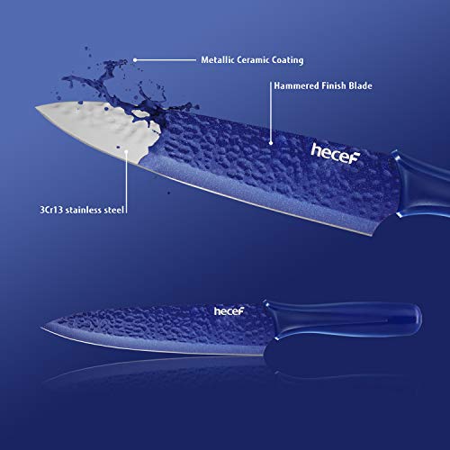 Hecef Galaxy Blue Kitchen Knife Set of 5, Non-slip Metallic Ceramic Coated Chef Knife Set, Hammered Blade with Plastic Handle and Protective Blade Sheath