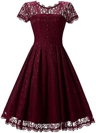 Feisen Women's 2017 New Solid Color Dress Sexy Lace Dress Hollow Fashion Mid-Long Elegant A Word Dress Wine Red M