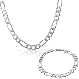 925 Sterling Silver Mens Classic Figaro Link Chain Necklace Bracelet Set - Made in Italy