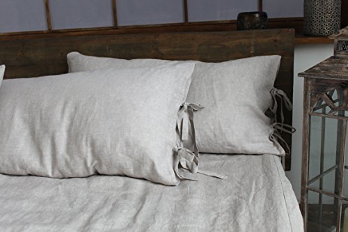 Decorative square pillow cover, 100% linen, with bow ties, Euro 26 X 26, in natural linen color - Thumbnail 2