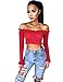 OQC Women's Sexy Off Shoulder Crop Tops Strapless Long Sleeve Casual Tube Rib-Knit Tee Red