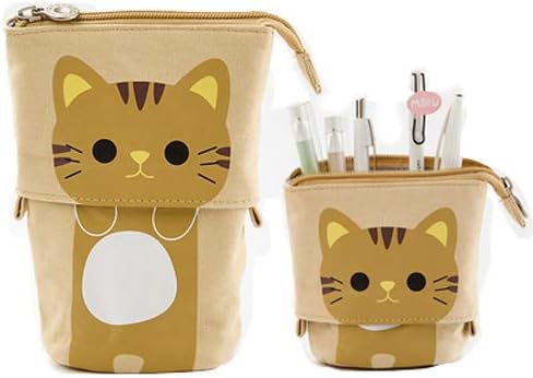 Kaxich Stand Pencil Case Holder Canvas Cute Cartoon Cat Pencil Pouch Bag Makeup Bag Stand Stationery Organizer with Zipper Closure