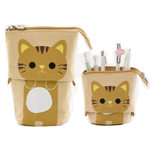 Kaxich Stand Pencil Case Holder Canvas Cute Cartoon Cat Pencil Pouch Bag Makeup Bag Stand Stationery Organizer with Zipper Closure