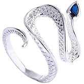 SUKKCCNO 925 Sterling Silver Blue Topaz Band Snake Ring for Women Adjustable Open Animal Ring Natural Sapphire Birthstone Vintage Wrap Stacking Statement Cobra Snake Rings