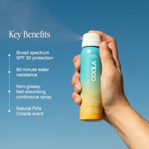 COOLA ORGANIC SUNSCREEN SPF 30 SUNBLOCK SPRAY, DERMATOLOGIST TESTED SKIN CARE FOR DAILY PROTECTION, VEGAN AND GLUTEN FREE, PIÑA COLADA, TRAVEL SIZE, 2 FL OZ