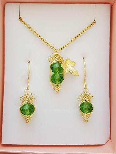 Two Peas In A Pod Necklace with Vine and Leaf, Swarovski Green Crystals Peapod Necklace and Earrings Set, May Birthstone Emerald Peapod Necklace and Earrings Set