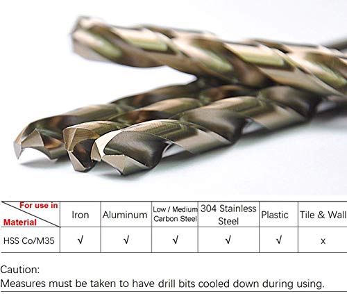 Migiwata 3/8 Inch Fractional Size M35 Cobalt Steel Twist Drill Bit Set of 5pcs - Jobber Length and Straight Shank - Extremely Heat Resistant – Perfect Drilling in Stainless Steel and Cast Iron - Thumbnail 4