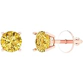 14K Rose Gold Plated 925 Sterling Silver Push back Dainty Stud Earrings for Women - 1 cttw Round Cut Simulated Yellow Diamond