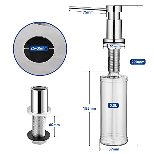 CECIPA Built-in Soap Dispenser for Kitchen, Sink Soap Dispenser with 300ml Bottle and 1.2m Extension Hose, 360° Swivel Pump, Chrome