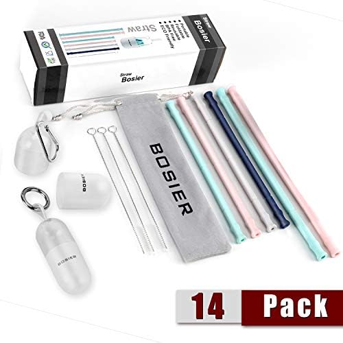 Collapsible Silicone Straws Drinking Reusable - 14 Pieces Set 8"&10" Reusable Straws with Case, Straw Cleaning Brush, Locking Buckle, Storage Pouch For 30oz tumbler RTIC/Yeti