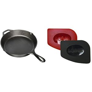 Lodge L8SK3 Pre-Seasoned Cast-Iron Skillet, 10.25-inch and Lodge SCRAPERPK Durable Polycarbonate Pan Scrapers, Red and Black, 2-Pack Bundle