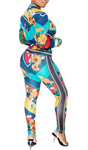 Women's Floral Print 2 Piece Set Open Front Zipper Jacket and Skinny Long Pants Plus Size Tracksuit