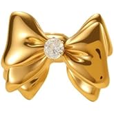 CZ Bow Knot Statement Open Finger Ring for Women - Stainless Steel 18K Gold Plated Adjustable Sparkly Crystal Ribbon Wedding Engagement Promise Finger Band Bow Tie Stackable Rings Cute Jewelry for Her