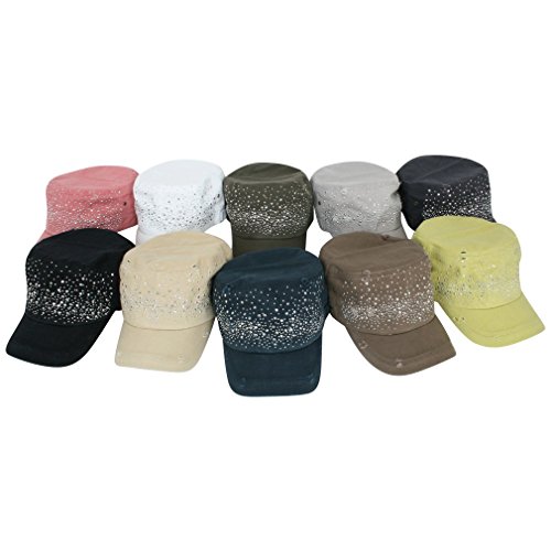 Ililily Women's Rhinestone Studs Army Style Cadet Cap