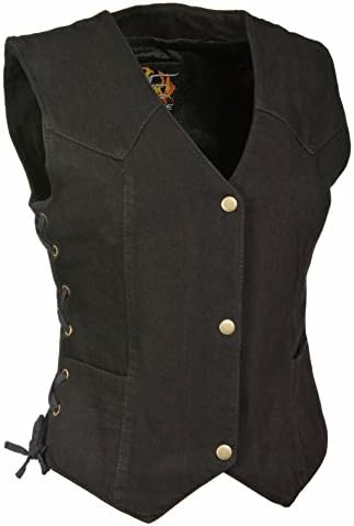 The Bikers Zone Ladies Side Lace 4 Snap Front Denim Vest (BLACK, XL)