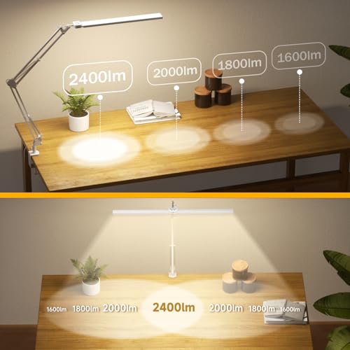 SKYLEO LED Desk Lamp, Dual Head Desk Lamp with Clip, with Remote Control, 2400 LM, 5 Color Temperature Modes, Home Desk Lamp, 24W, White