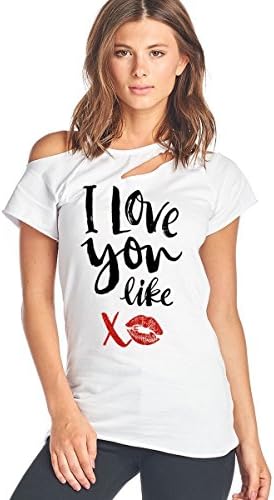 COLORBEAR Women's Valentine's Love You Like XO With Glitter Lip Design Cold Shoulder Tee