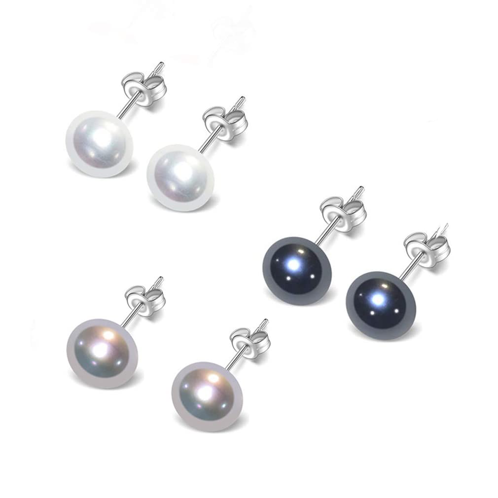 TreasureBay Classic Women's Pearl stud Earrings size 7-8mm colour: Pink/White/Black/Grey/Purple (Black + Grey + White Set)