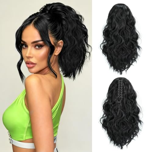 YYJP Ponytail Extension - 14Inch 140G Natural Black, Synthetic Heat-resistant Wavy Curly Hairpiece, Fluffy Claw Clip Ponytail Extension for Daily Use at Amazon