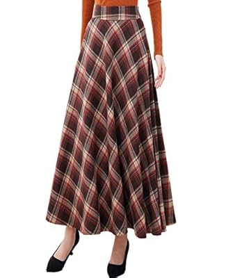 Femirah Women's Fall Winter Elastic Waist Vintage A Line Plaid Long Skirts One Size